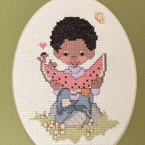 Vtg Framed NEEDLEPOINT Child Eating Watermelon Butterfly Birds Oval Mat 9 x 11 - Picture 7 of 9